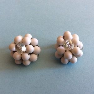 Vintage White Lucite Beads Clear Crystal Clip On Earrings Marked Japan